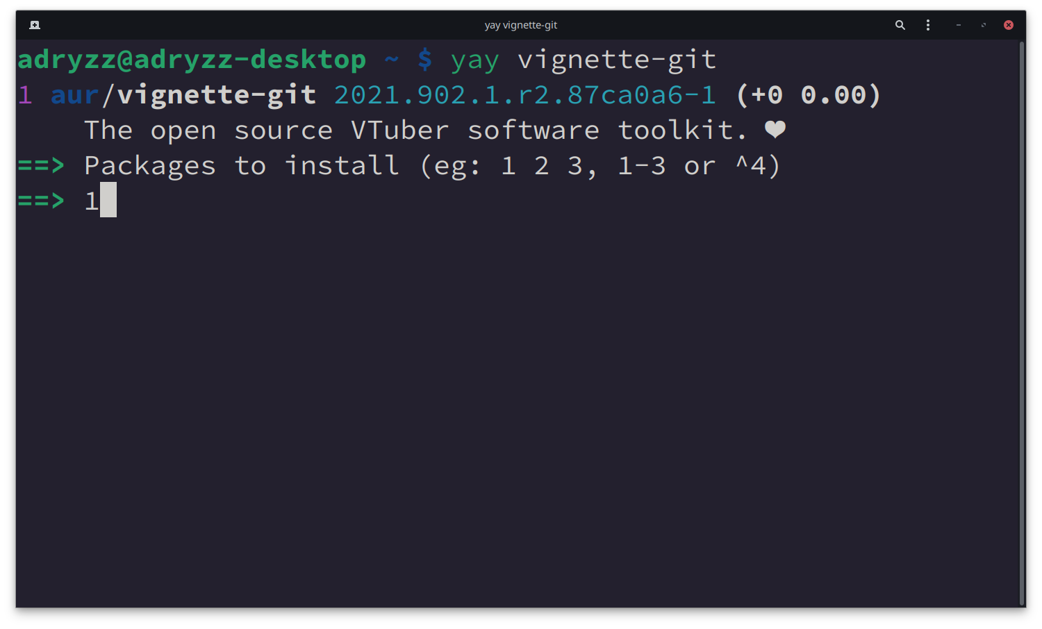 Image of yay listing package, with aur/vignette-git on position 1